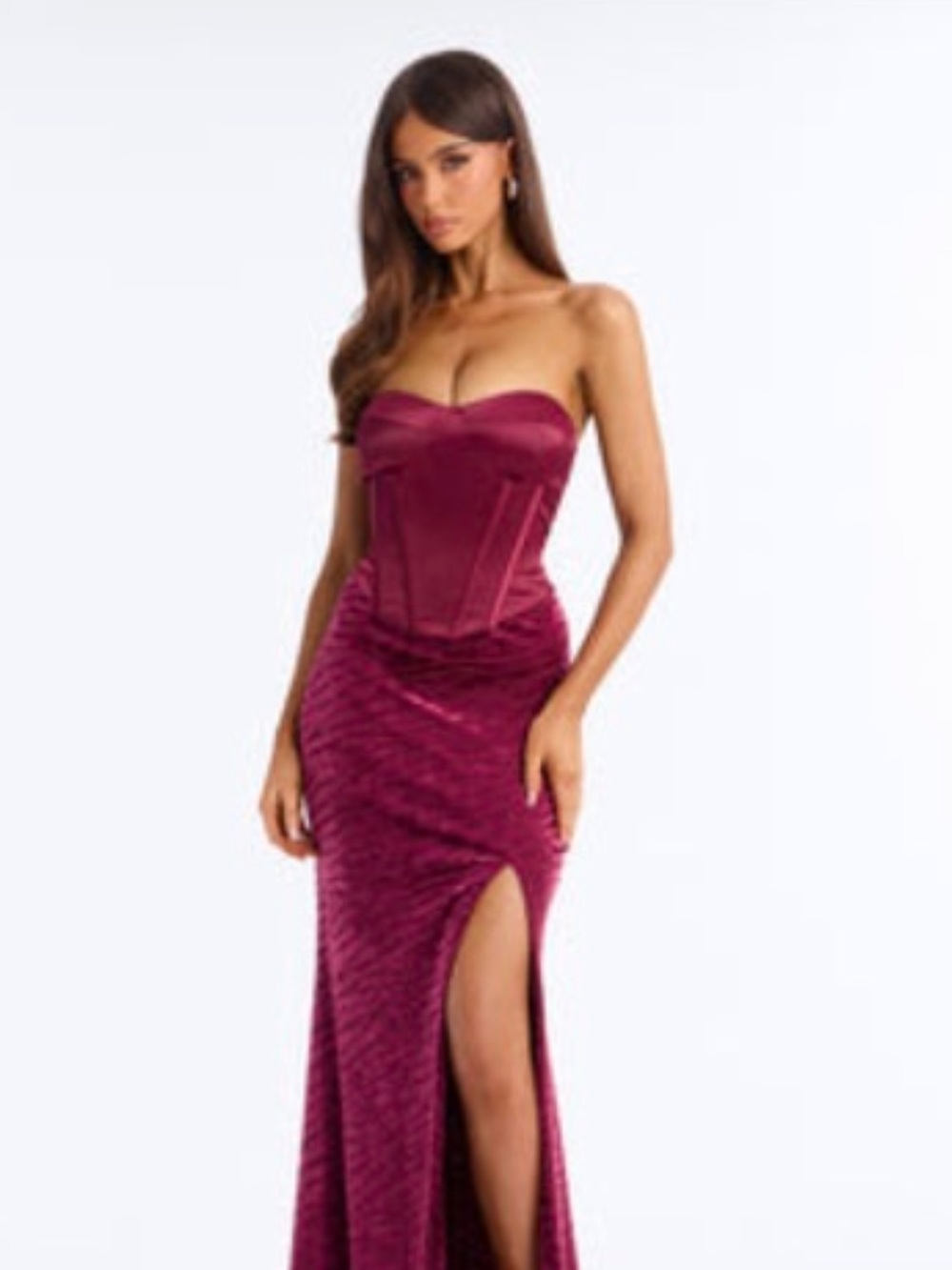 Fashion Nova Strapless Velvet Corset Gown in Burgundy
